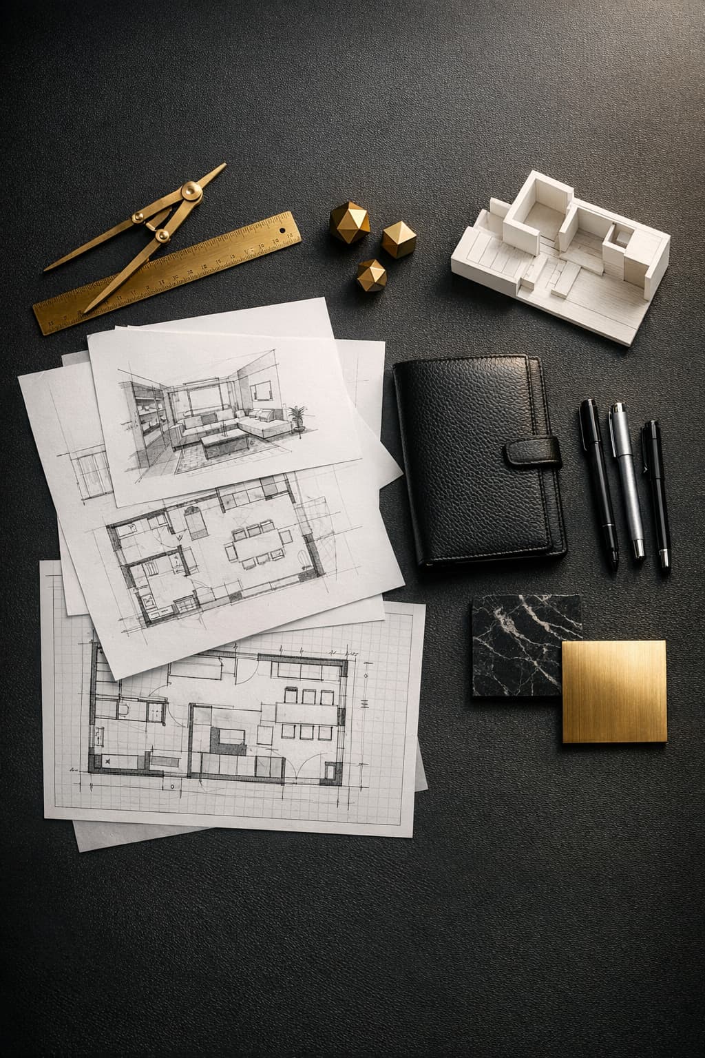 Minimalist luxury interior designer workspace flat-lay with architectural sketches and gold dividers