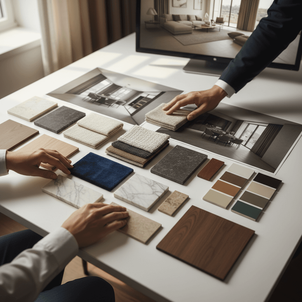 Interior designer's hands arranging premium material samples and color swatches on studio drafting table